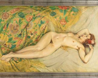 Edouard Jules Chimot (French, 1880-1959) Oil on Canvas, "Reclining Nude Female", H 31" W 51"
