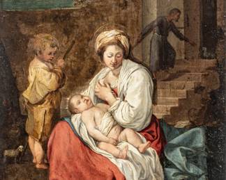 Italian School in the Manner of to Orazio Gentileschi (Italian, 1562-1647) Oil on Copper Plate "Madonna And Child", H 17" W 12.62"