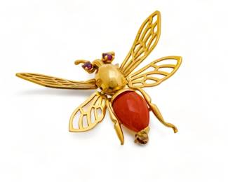 Honey Bee Brooch, 18K, Rubies, Coral L 1.5" 7.2g