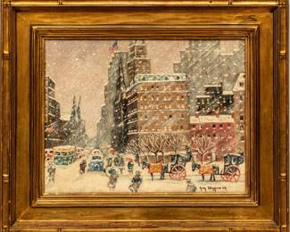 Guy Carleton Wiggins (American, 1883-1962) Oil on Canvas Panel, "Looking Down Fifth Avenue, from the Plaza, New York", H 14" W 18"