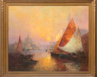 George Thompson Pritchard (New Zealander-American, 1878-1962) Oil on Canvas, "Venetian Canal Scene at Sunset", H 30" W 36"