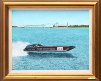 Jim Clary (American, 1939-2018) Oil on Canvasboard, US-1 Racing Boat, H 14" W 18"