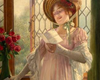 Isaac Snowman (Israeli, 1874-1950) Oil on Canvas, "The Love Letter", H 30" W 25"