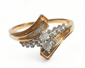 Marquise Cut Diamond And 14kt Yellow Gold Ring Size 9