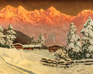Alois Arnegger (Austrian, 1879-1967) Oil on Canvas, Mountain Snow Scene, H 24" W 36"