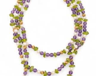 Triple Strand Pearl, Peridot And Amethyst Necklace, 14KP L 17" 192g