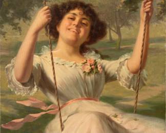 Edwin Thomas Roberts (English, 1840-1917) Oil on Canvas, "Full Swing", H 30" W 25.75"