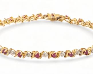 14K Yellow Gold Bracelet, Ruby And Diamond L 6.7" 5g