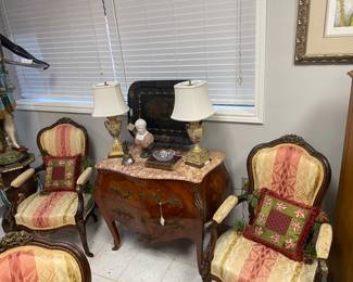5 Rosewood French Bergere’s , French Marble Top Commode, Royal Vienna Porcelain Lamps, Marble Bust, 18th C Tole Tray