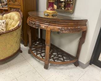 Pair of Qing Dynasty 18th C.  Chinese Elmwood Demilune Tables  SOLD