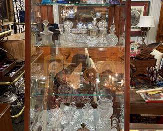 Hand painted porcelain framed miniatures, cut glass perfume bottles, Baccarat, Lalique, etc.  