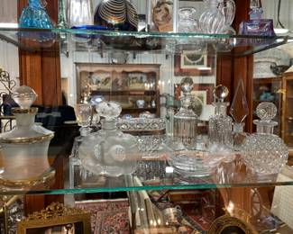 Perfume bottles.  Cut glass and Lalique