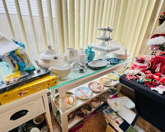 Cake stands, collectible plates, serving bowls