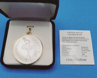 Palladium 1 troy oz. 1989 USSR Russia Ballerina Uncirculated 25 Rouble Coin & 14K Bezel  w/ COA
