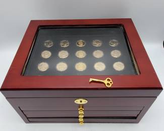 40 Presidential Dollars in Wood Display Case with Key
