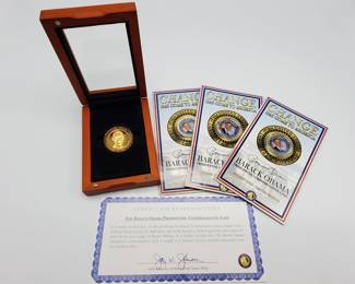 Obama Inauguration Medal in Wood Case & 3 Commemorative Coins (done on half dollars)
