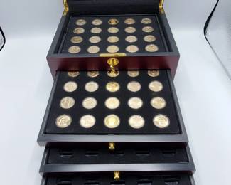 40 Presidential Dollars in Wood Display Case with Key
