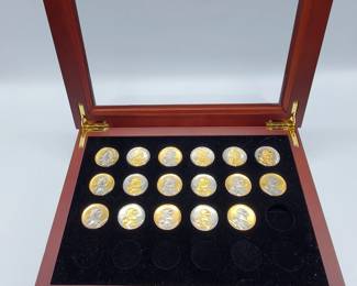 17 Platinum & Gold Highlighted Sacagawea Dollars in Wood Display Case
