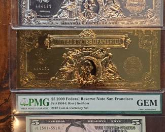 Gem $5 Bill and (2) $2 Bills--one wrapped in 22K Gold & one in .999 Silver
