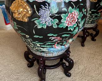 27” diameter x 18” Chinoiserie Koi Flower Fish Bowl on rosewood stands.  Fu  Dog Handles.   