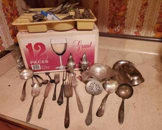 #8656 • Sterling Silver Salt and Pepper Shakers, Silver Plated Flatware, Wine Glass Set and More
