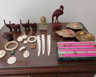#2218 • Wooden Elephant and other Animal Statues, Jade Statues and Chop Sticks
