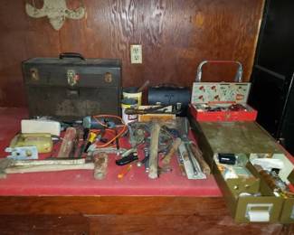 #8592 • Various Tools- Includes Toolboxes, Saws, Pick Axe, Wrenches, Amd More
