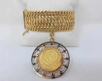 #522 • 18k Gold Bracelet with 14k Gold Pendent and .900 Gold 20 Pesos Coin
