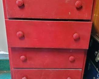 #13554 • Red Dresser with Assorted Tools, Gloves and More
