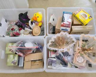 #9548 • 4 Totes of Stuffed Decorations, Flameless Candles, Wall Decor and More
