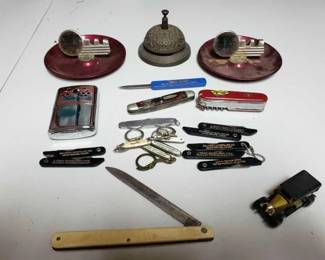 #2368 • Vintage Advertising Knives and Ash Trays. Bell, Hand Warmer and More
