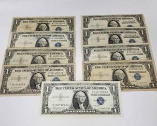 #338 • 9 Blue Sealed Dollar Bills
