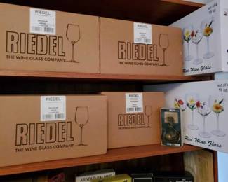 #13036 • Riedel Wine/Champagne Glasses and Wells Painted Wine Glasses
