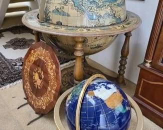 #10070 • 12” Gemstone Globe, 24” Globe and Decorative Carved Wood
