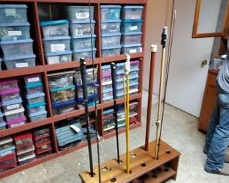 #2308 • 5 Fishing Poles, 1 Spear, Pole Holder
