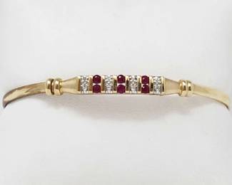 #717 • 10k Gold Cuff Bracelet W Rubies And Diamonds, 5.5g
