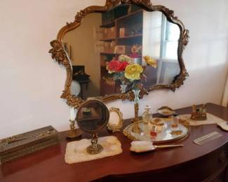 #8516 • Vintage Vanity Tray, Vintage Hair Brush, Comb, Hand Held Mirror and More
