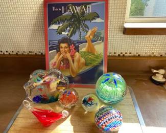 #12108 • 6 Paper Weights and a Metal Sign
