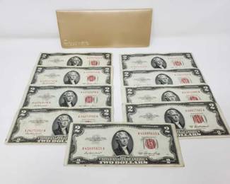 #330 • 9 Red Sealed $2 Dollar Bills, and A Bank Of America Travelers Cheques Case
