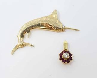 #542 • 14k Gold Ruby Diamond Pendant, and 14k Gold Diamond Swordfish Pendant, 9g

