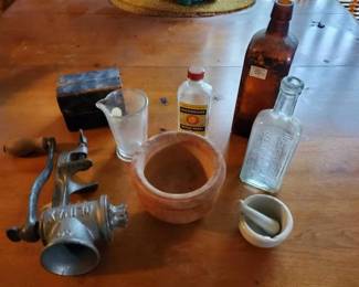 #8604 • Mortar and Pestle, Vintage Meat Grinder, Vintage Bottles and More

