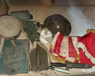 #8576 • Vintage Miltary Helmet, First Aid Kit, Canteens and Moee
