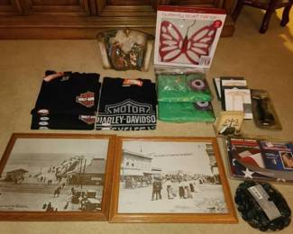 #9546 • Misc Items, Includes 3 New Harley Shirts, 2 Kites, 2 Historic Huntington Beach Photos, And More
