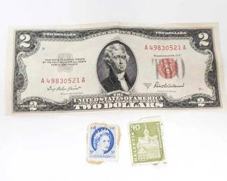 #613 • One 1953 2 Dollar Bill, and 2 Postage Stamps
