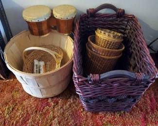 #8510 • 8 Wooden Woven Baskets, Bongos, and Tie Down Rope
