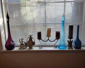 #13028 • 2 Decanters, Candle Holder, And Vases
