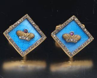 Faberge Style Pair of Parcel Gilt Silver, Diamond, Ruby and Guilloche Enamel Cufflinks, in Presentation Box 