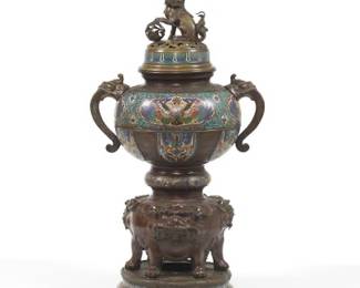 Japanese Monumental Bronze Champleve Enamelled Censor with Temple Foo Lions, Meiji 