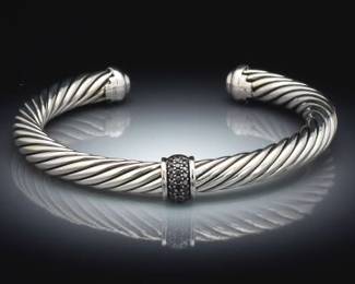 David Yurman Sterling Silver and Black Diamond Twisted Cord Cuff Bangle 