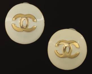 Chanel Vintage Pair of Gold Tone Metal and Enamel Double C Ear Clips, Marshal Fields Box 
